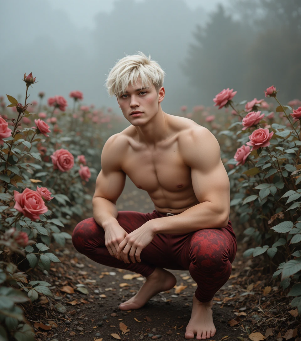 Jeune homme blond accroupi pieds nus dans un jardin de roses brumeux