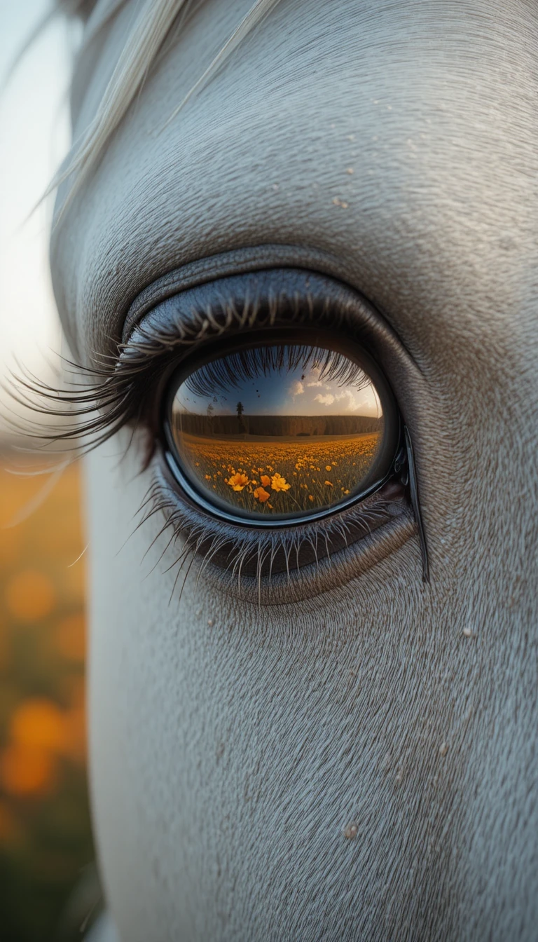 Close-up extremo do olho de um cavalo branco com reflexo de flores