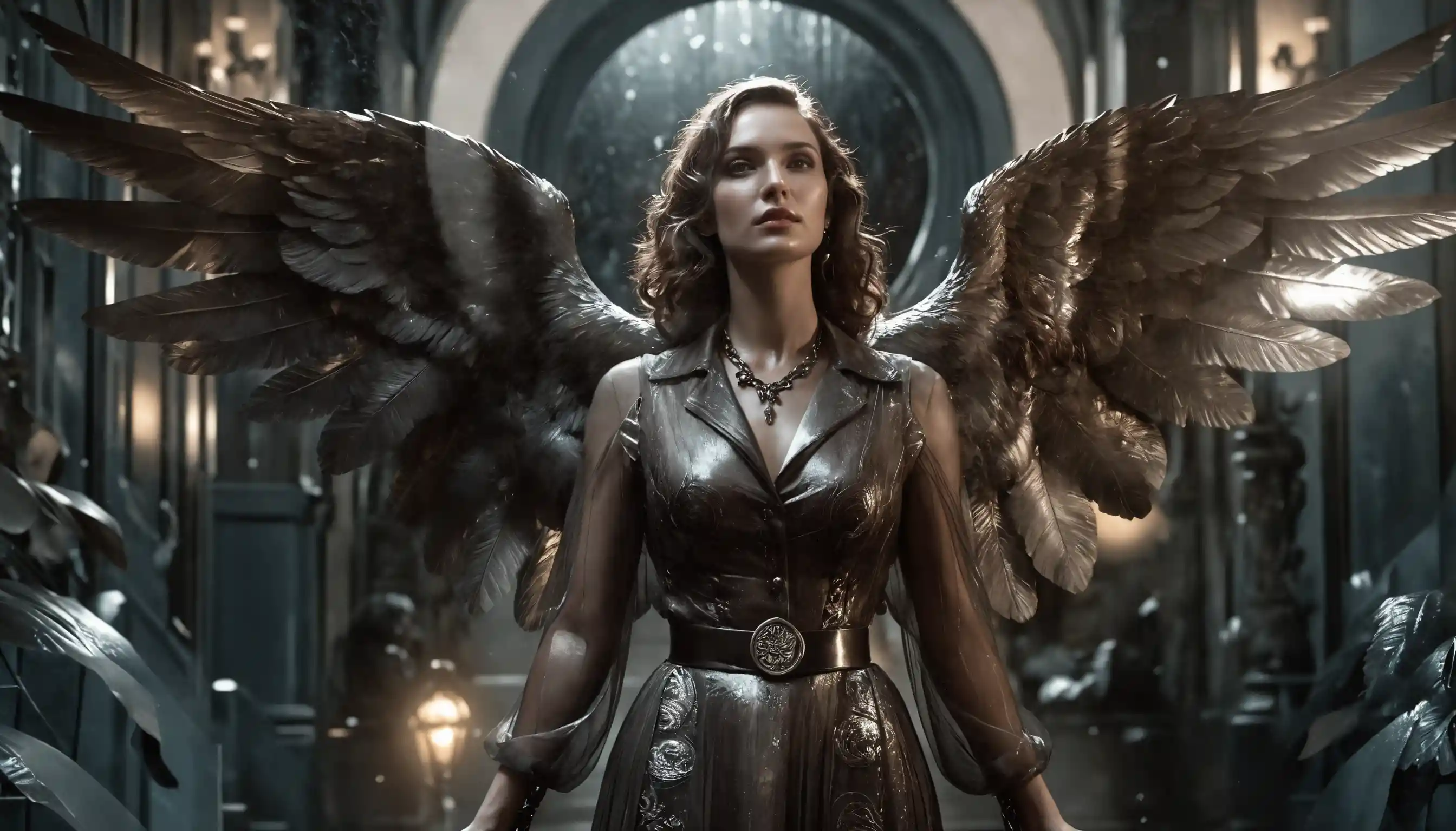 Dark haired femme fatale angel in gothic moonlight