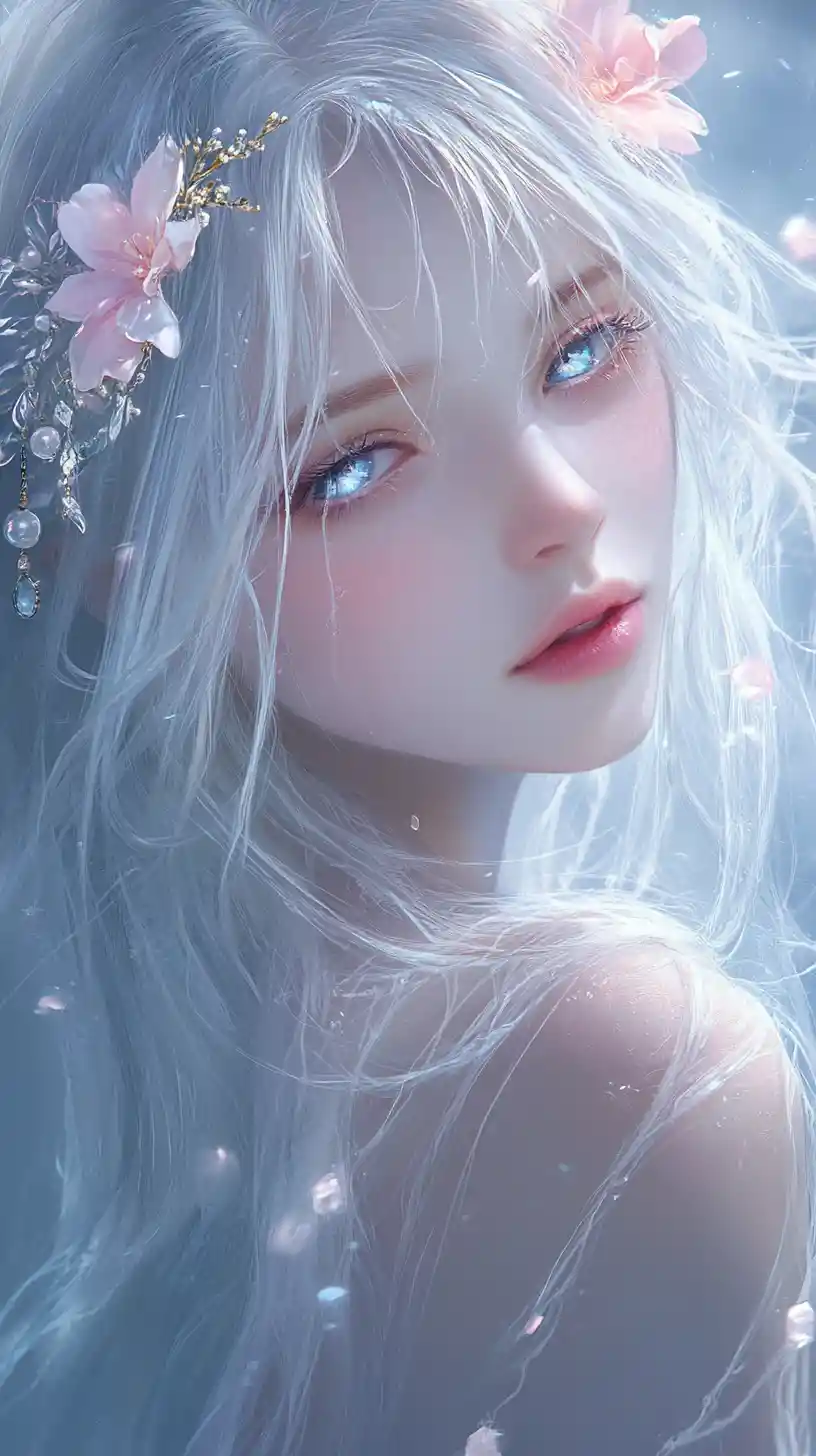 Silberhaariges Fantasy-Mädchen mit Blumen und leuchtendem Licht