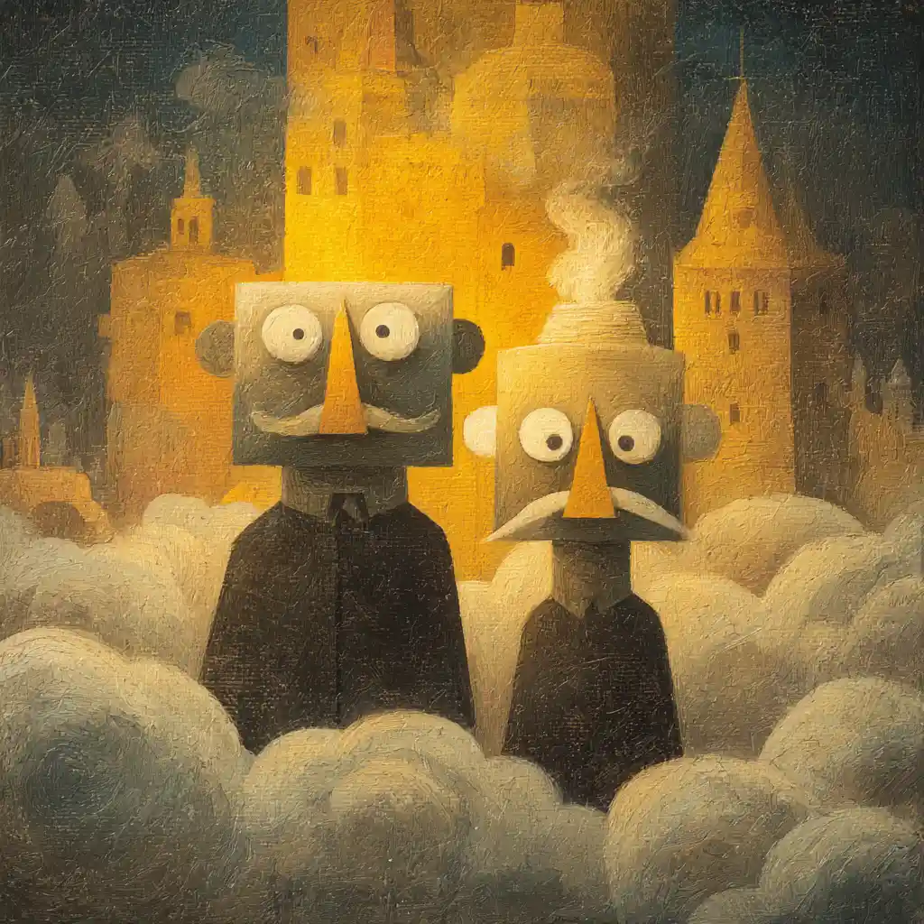 Ragazzi dei cartoni surreali che vagano in una cattedrale di nuvole