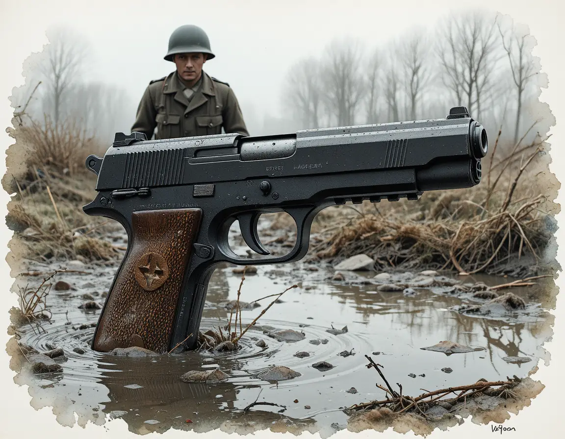 Close-up de uma pistola desgastada caída em um campo de batalha lamacento