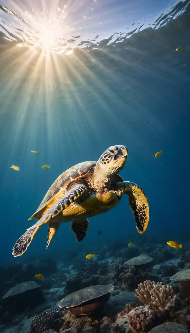 Tartaruga marina che nuota pacificamente nelle acque del Pacifico illuminate dal sole