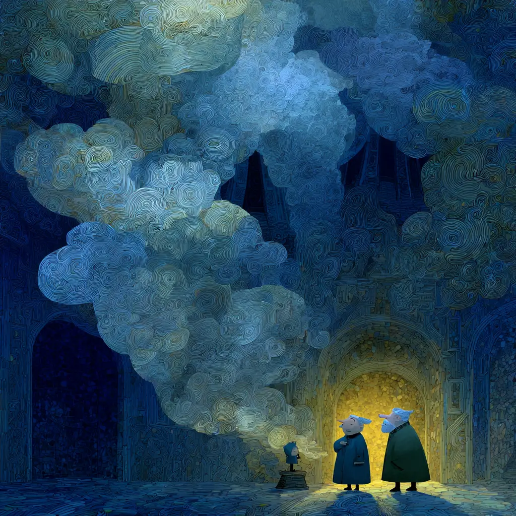 Surreale Cartoon-Jungen, die durch eine Kathedrale aus Wolken gehen