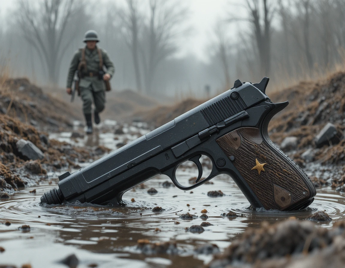 Close-up de pistola gasta em trincheira lamacenta de guerra
