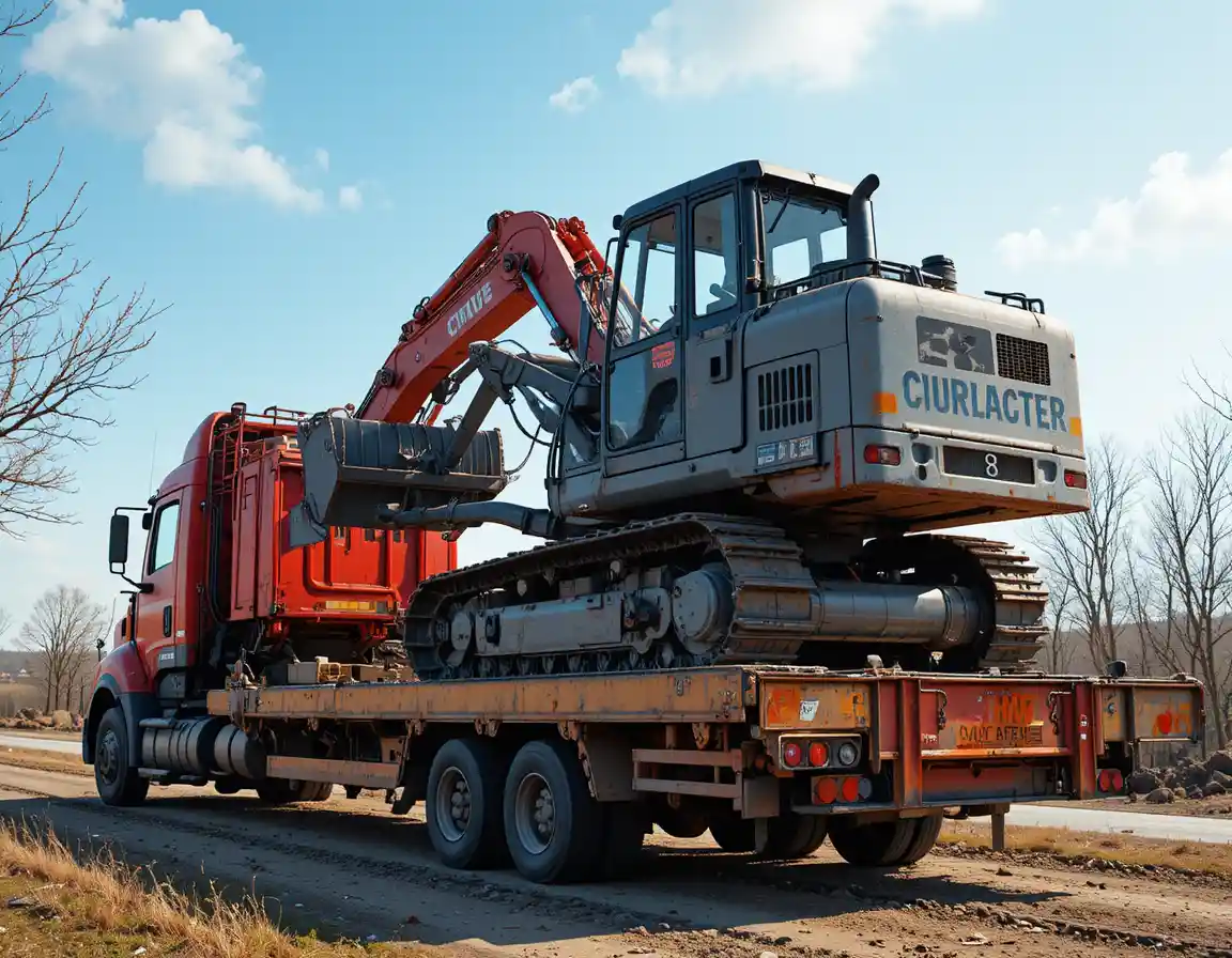 Escavatore rosso che trasporta bulldozer grigio in cantiere