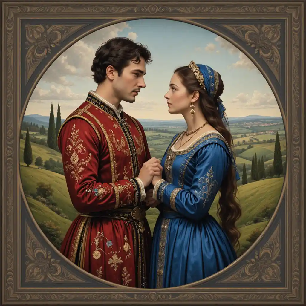Renaissance couple portrait holding hands in rich garments