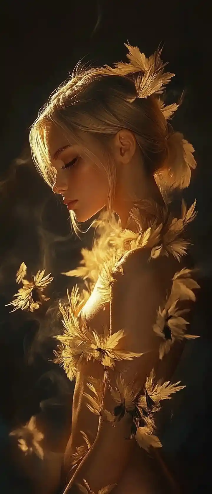 Femme blonde élancée ornée de fleurs et de plumes dorées
