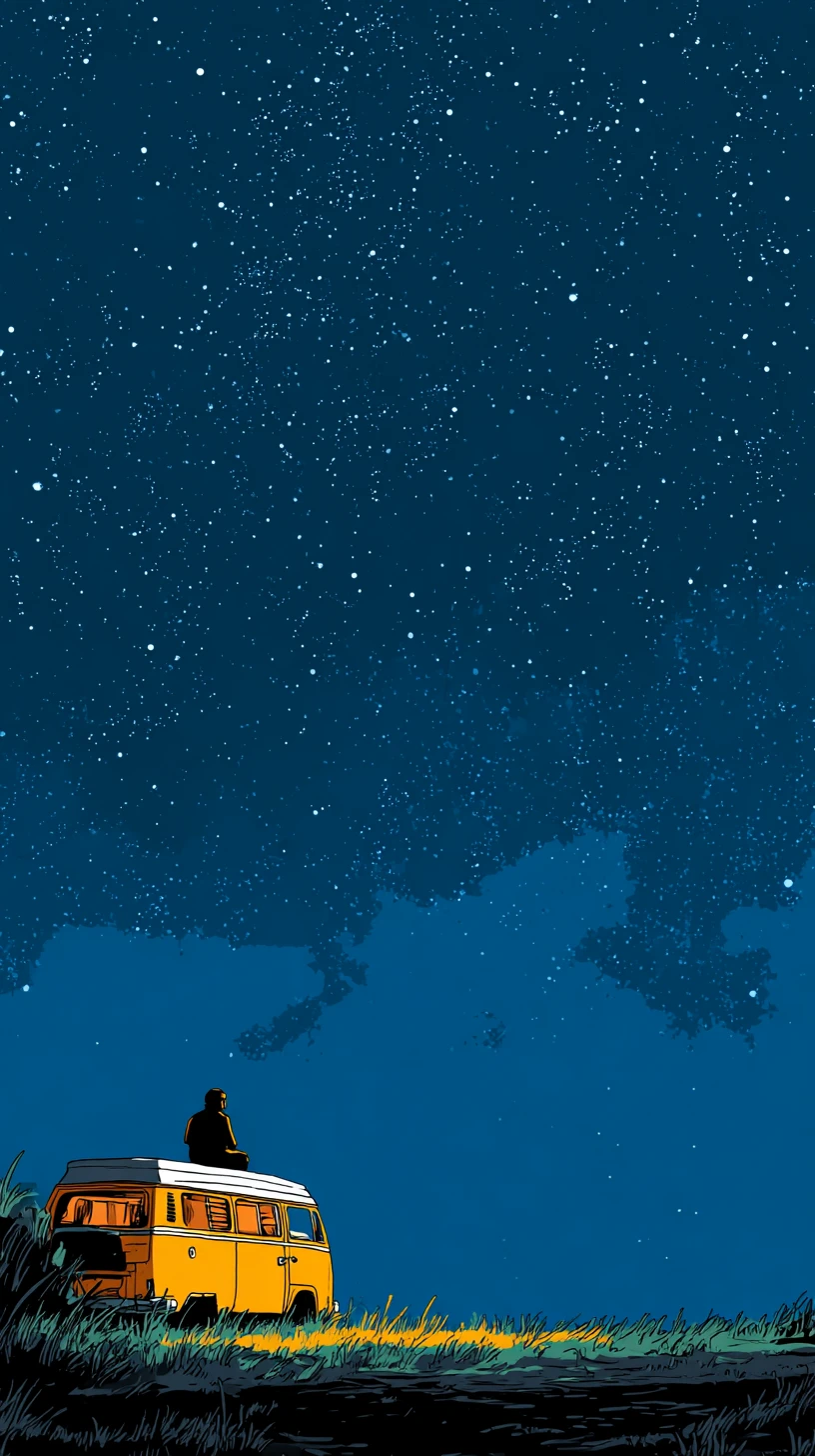 Homme Méditant sur le Toit d’un Van sous un Ciel Nocturne Étoilé