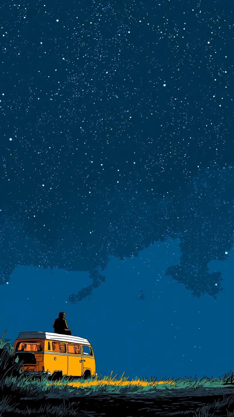 Man Meditating On Van Roof Under Starry Night Sky