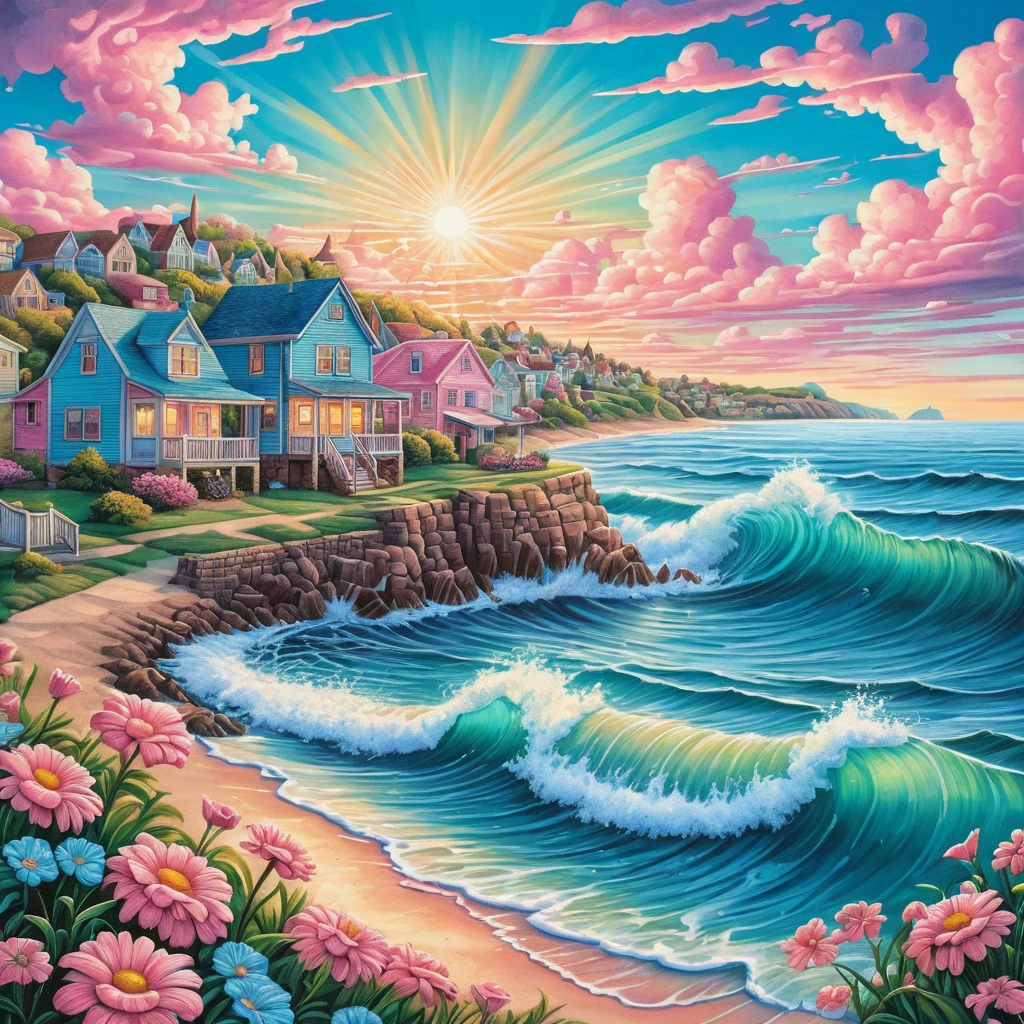 Ville côtière colorée au lever du soleil en illustration au crayon