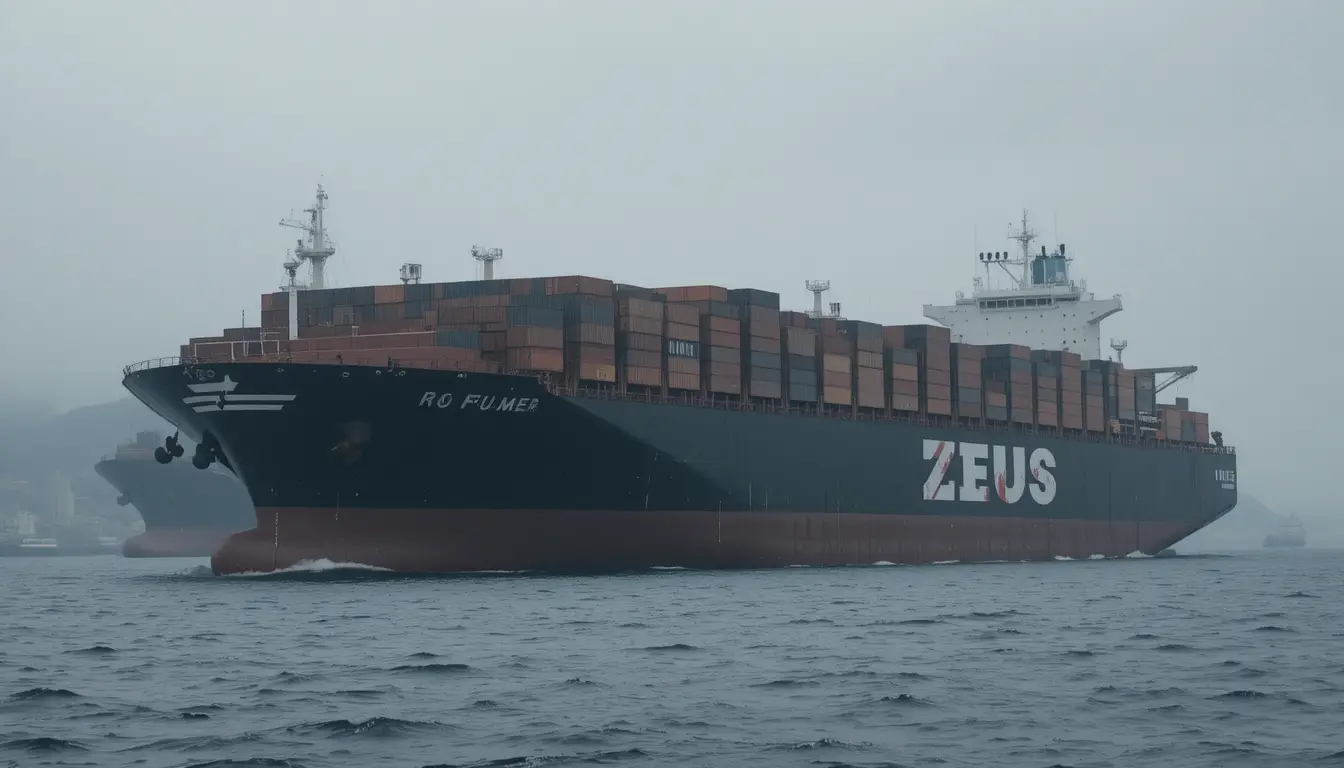 Rusty black freighter zeus moored on a calm gray sea