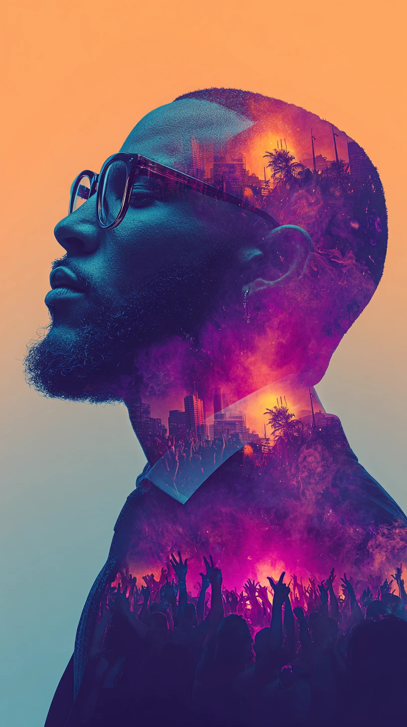 Double exposure portrait of man with nightclub silhouette