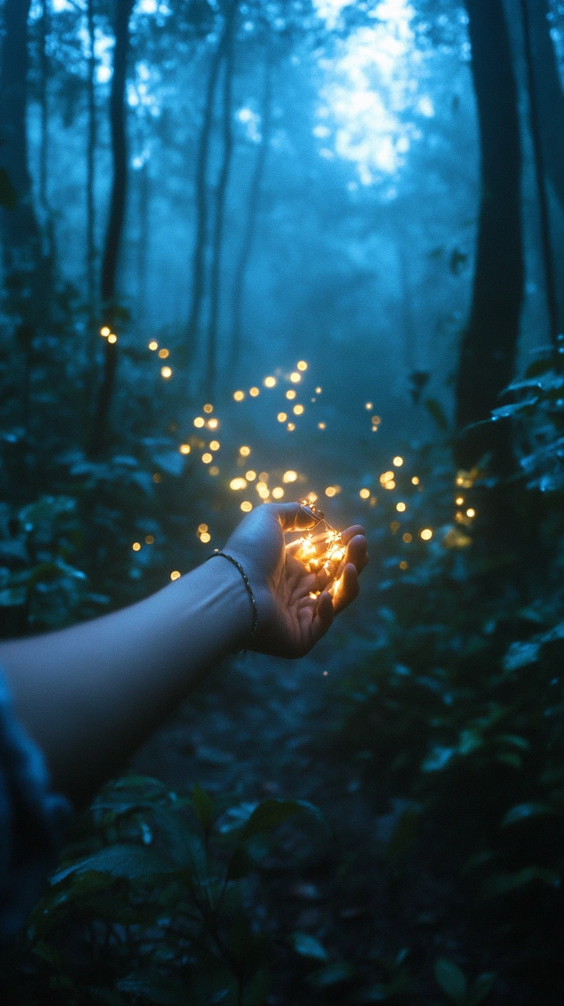 Viaggiatore che Tiene per Mano una Fata Luminosa nella Foresta