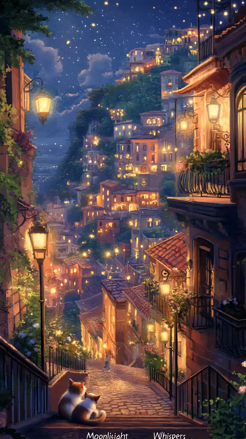 Cittadina di montagna colorata di notte con gatto e cane