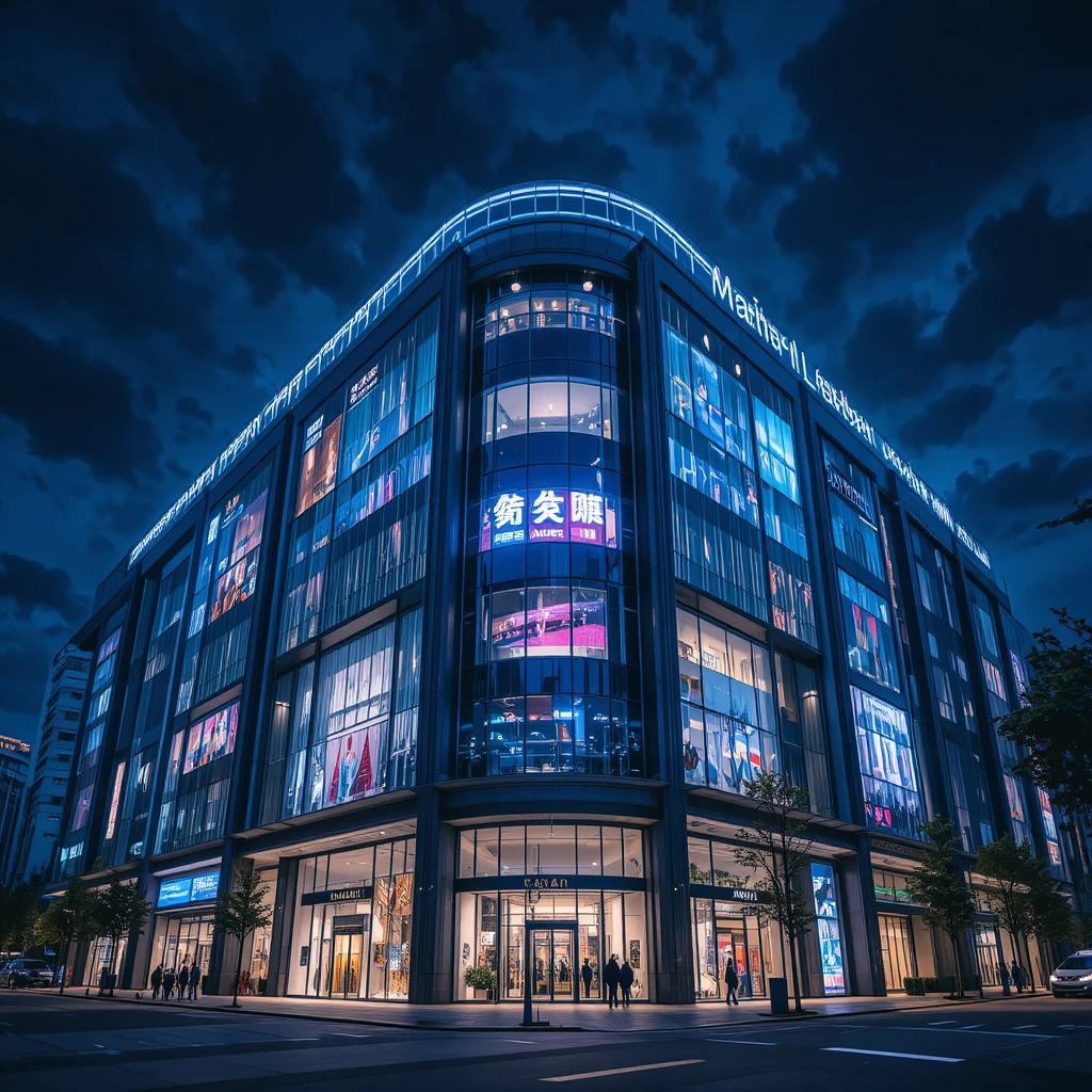 Esterno di centro commerciale di lusso illuminato da luci LED di notte