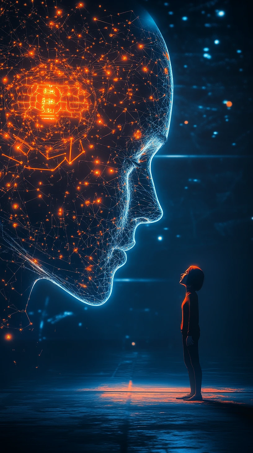 Artiste anxieux face à une interface IA humanoïde lumineuse