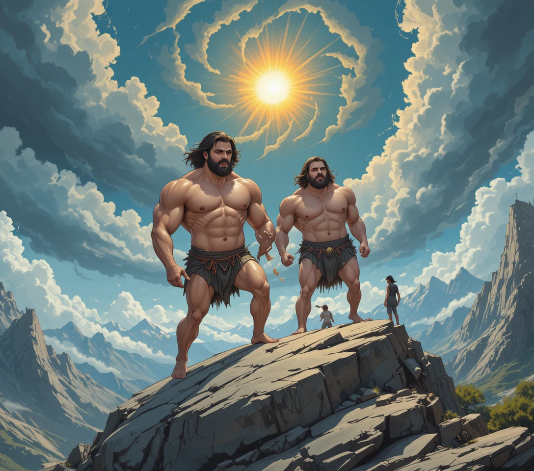 Homens musculosos levantando um pedregulho gigante em uma montanha