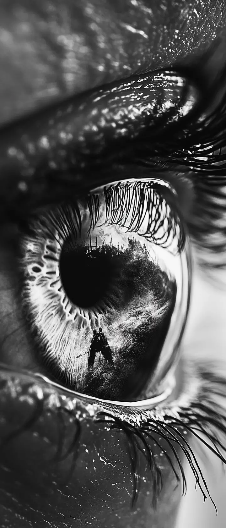 Extremes Close-up einer menschlichen Iris in Schwarz-Weiß