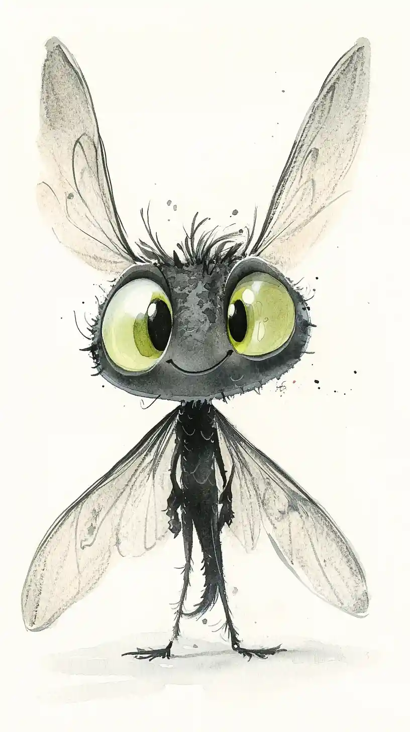 Whimsical Watercolor Insect With Shining Green Eyes