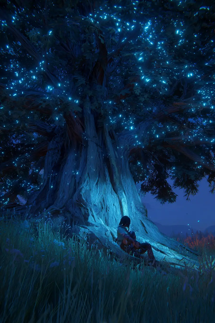 Donna in lutto sotto un albero antico nella notte