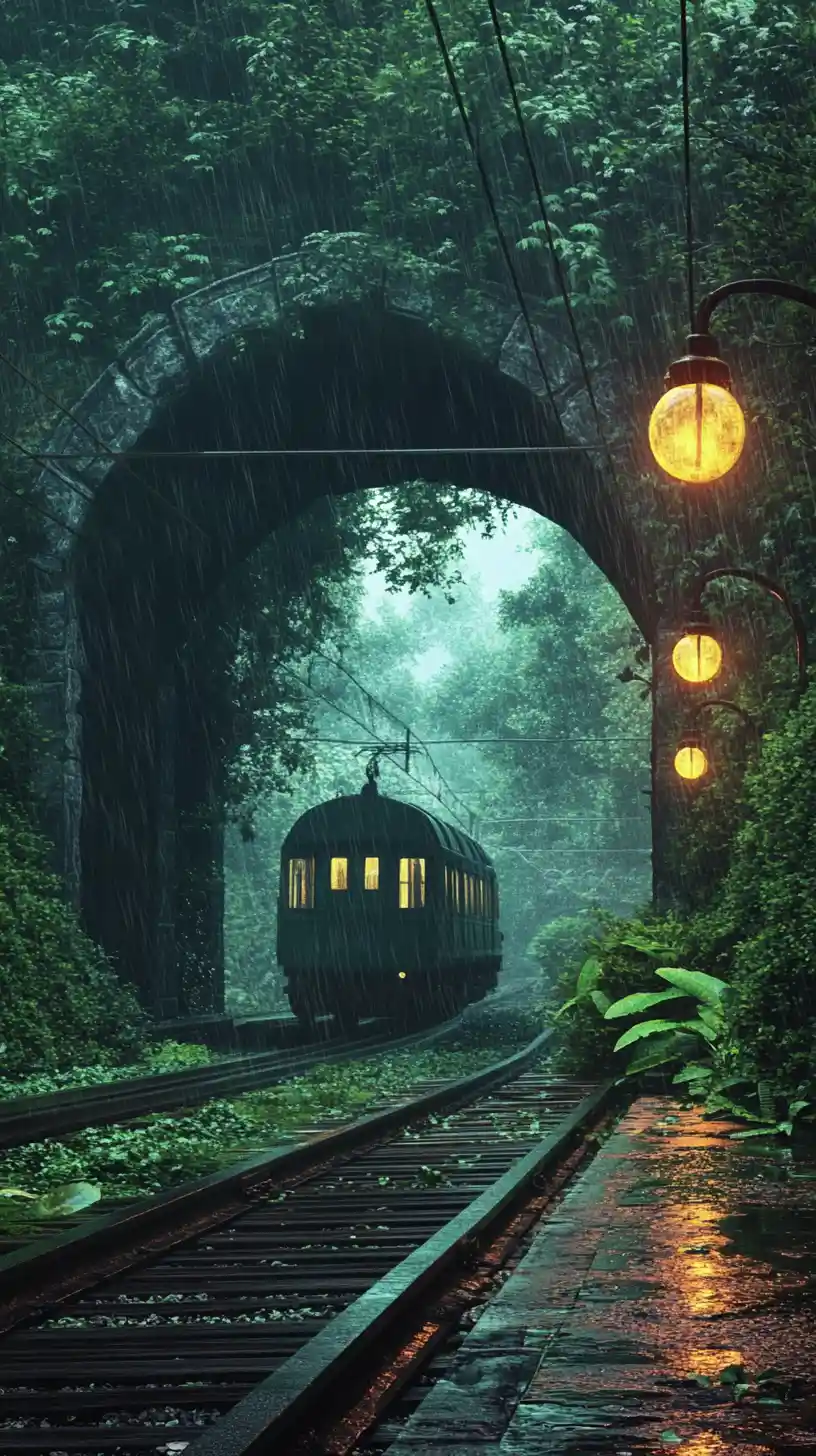 Vieux train sortant d’un tunnel forestier sous la pluie