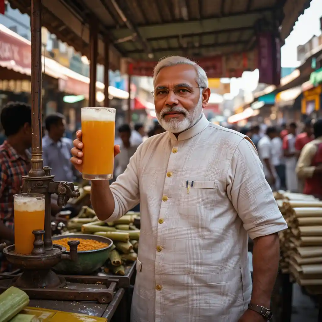 Man serving sugarcane juice at a busy Mumbai market