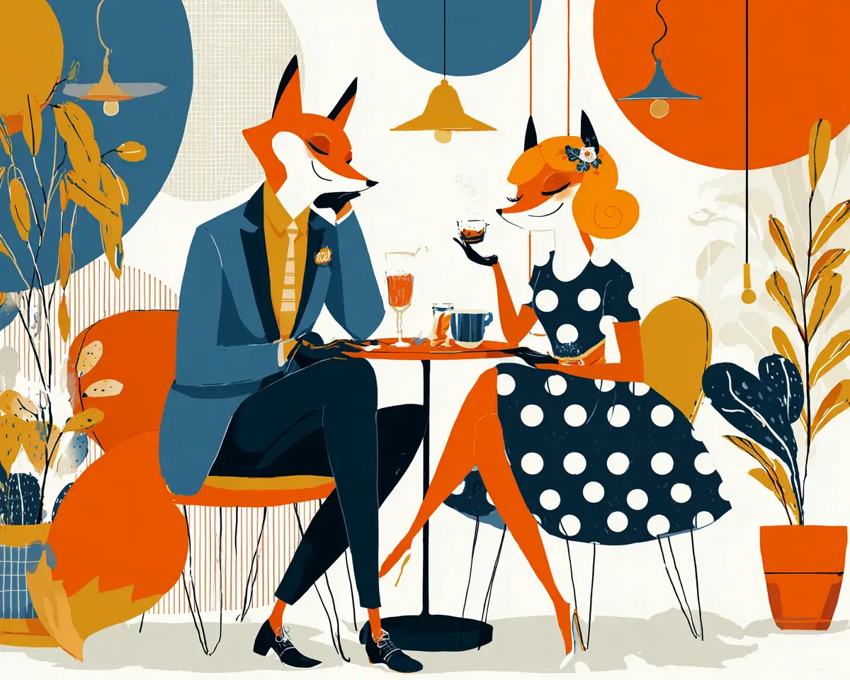 Coppia di volpi elegante che si rilassa in un caffè nordico - illustrazione