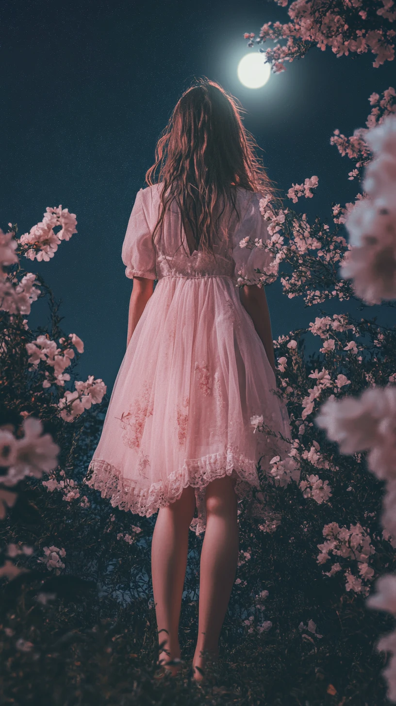 Ragazza sotto ciliegio in fiore di notte in bagliore rosa