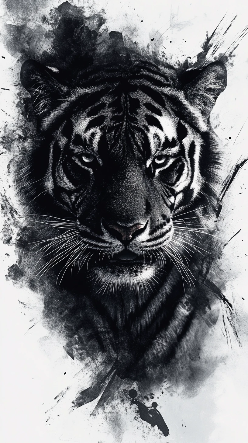 Monochromer Aquarelltiger mit surrealen geometrischen Fragmenten