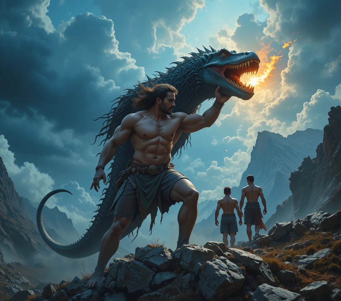 Fierce warrior woman riding a black dragon into battle