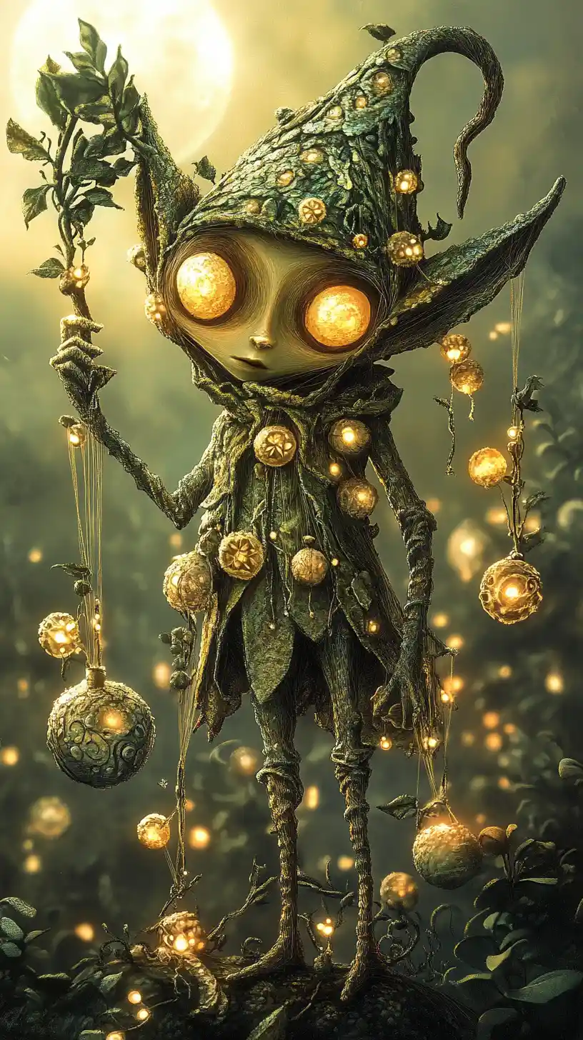 Elfe Marionnette Surréaliste dans un Paysage de Rêve au Clair de Lune
