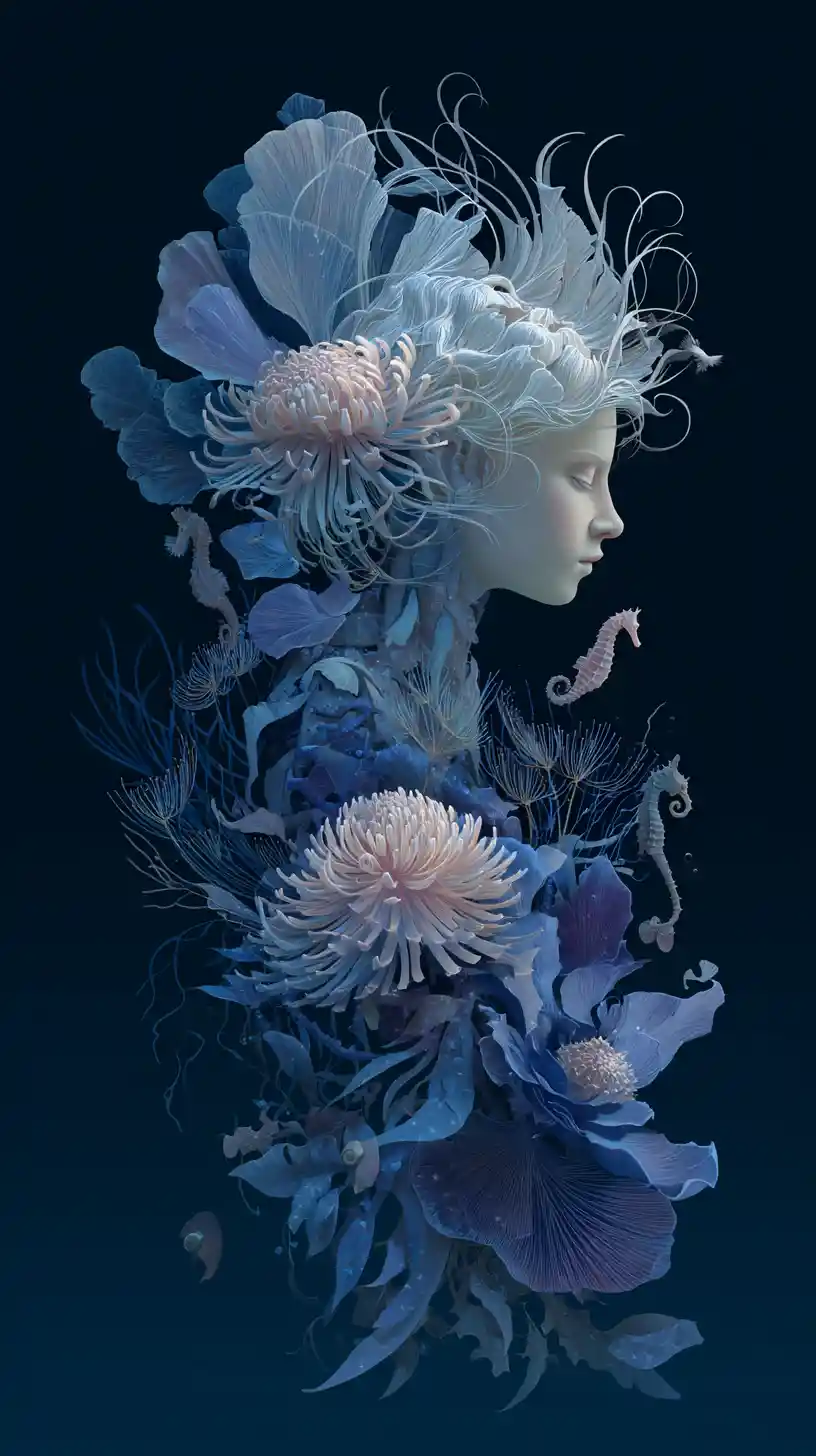 Giovane donna fusa con flora abissale luminosa sott’acqua