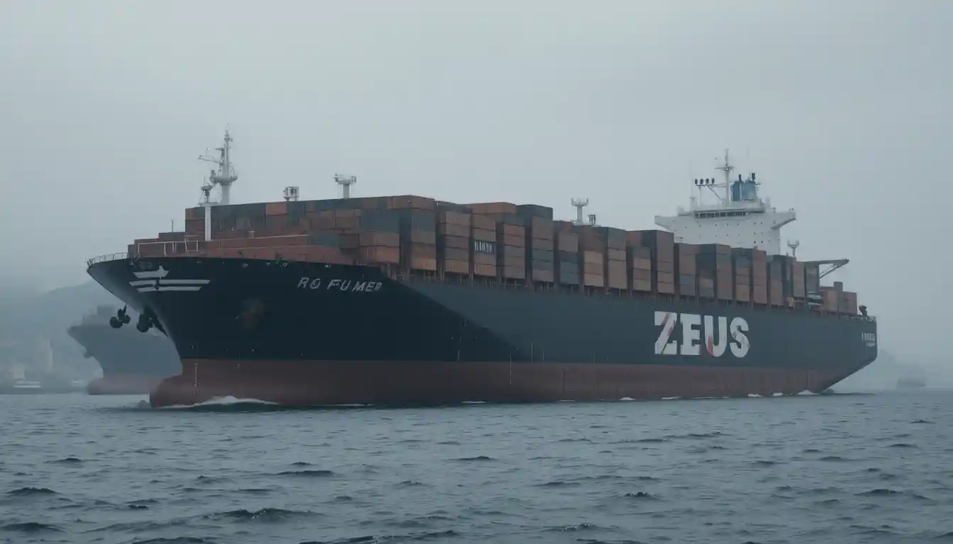 Rusty black freighter zeus moored on a calm gray sea