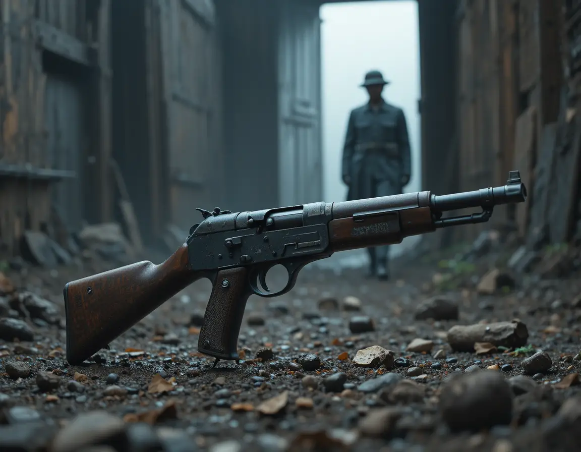 Pistola da Primeira Guerra Mundial com baioneta em trincheira lamacenta em close