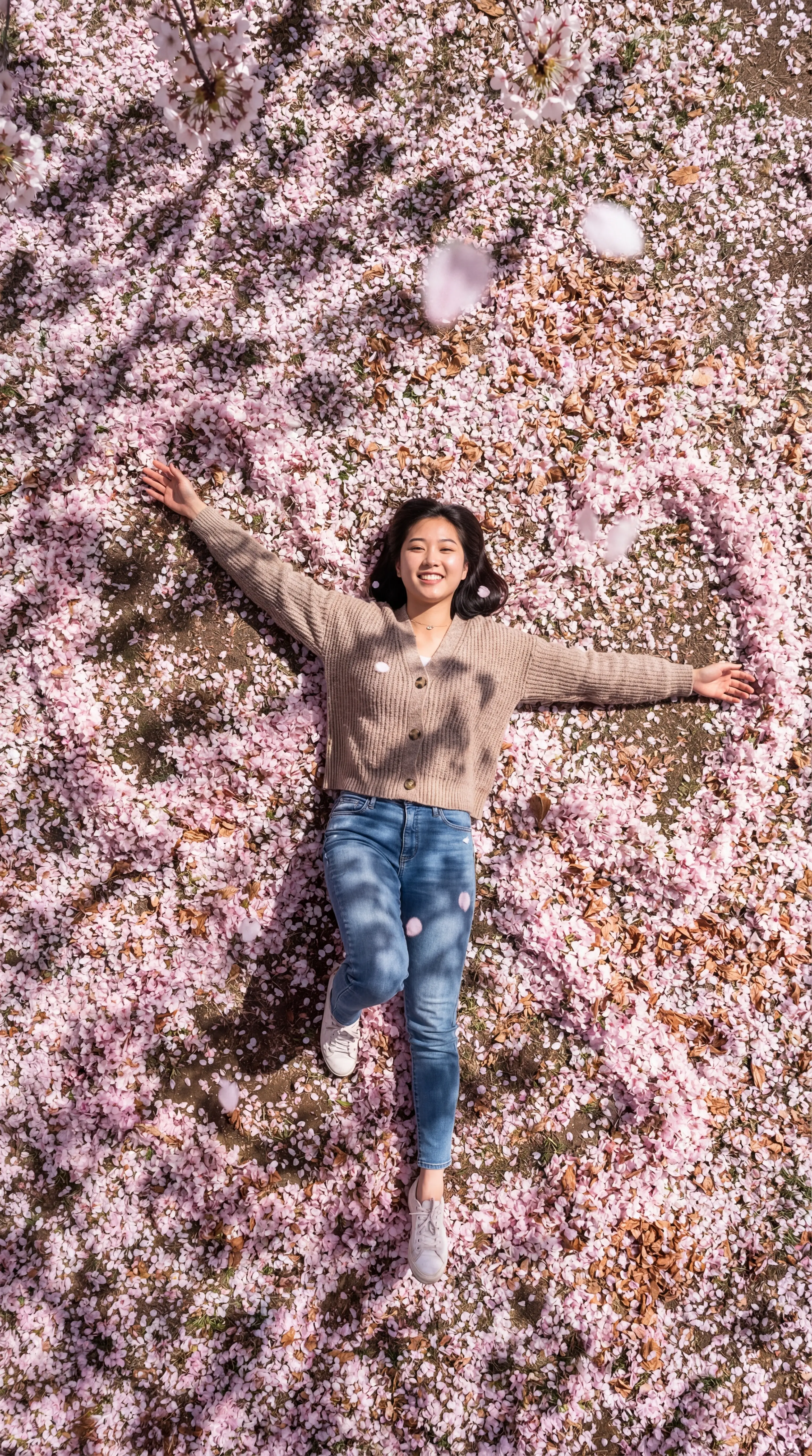 亞洲女孩在落下的櫻花瓣上做天使圖案