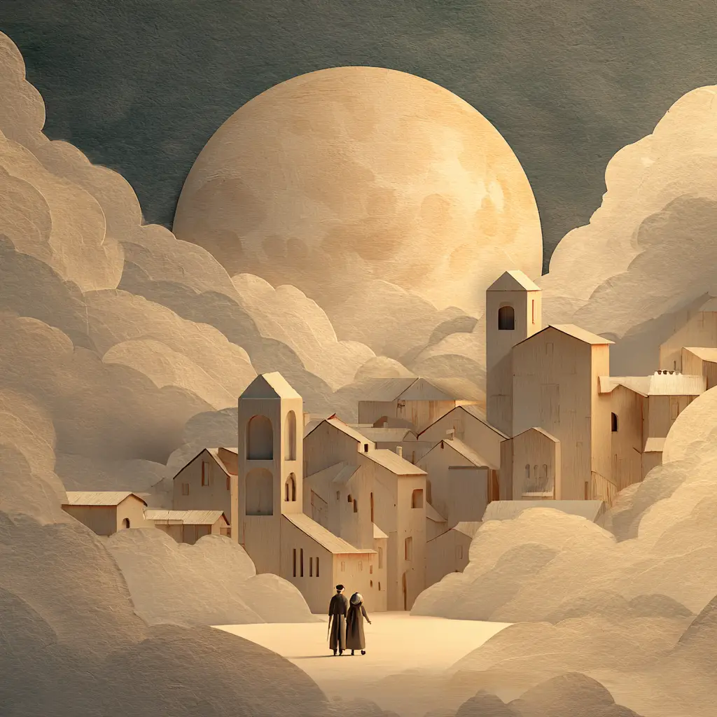Surreale Cartoon-Jungen, die in einer Kathedrale aus Wolken umherwandern