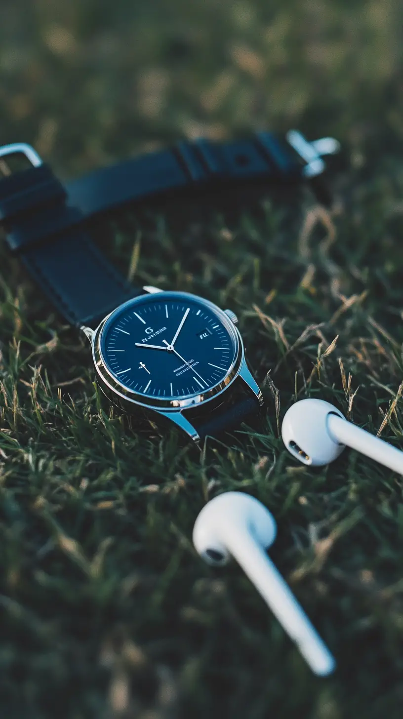 Nahaufnahme einer Armbanduhr und Kopfhörer auf grünem Gras