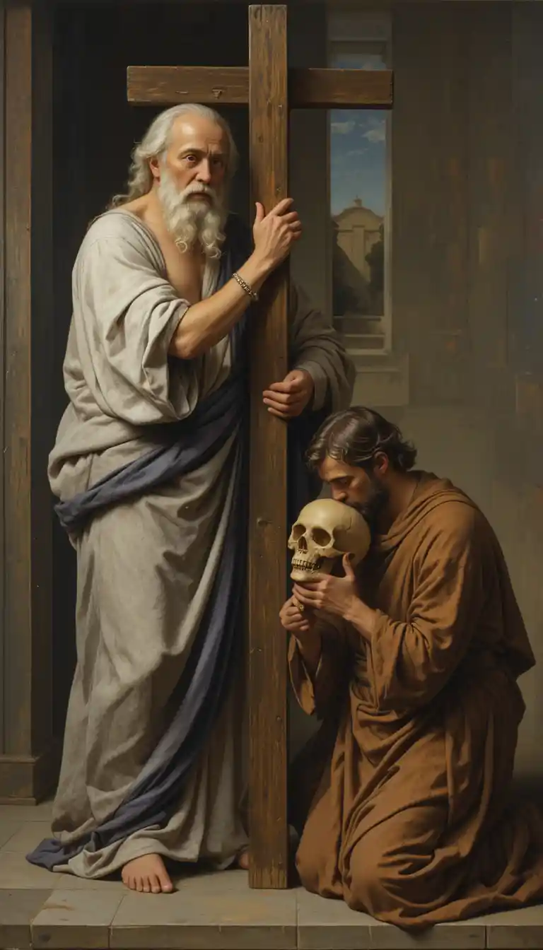 Scène religieuse avec saint tenant une croix et figure agenouillée