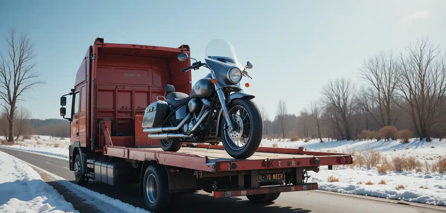 Red tow truck carrying a luxury motorcycle with sidecar
