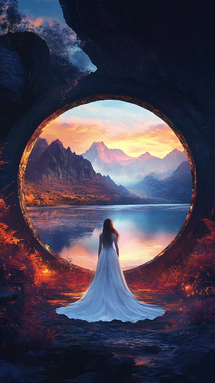 Woman in white gazing through a glowing portal to mountains