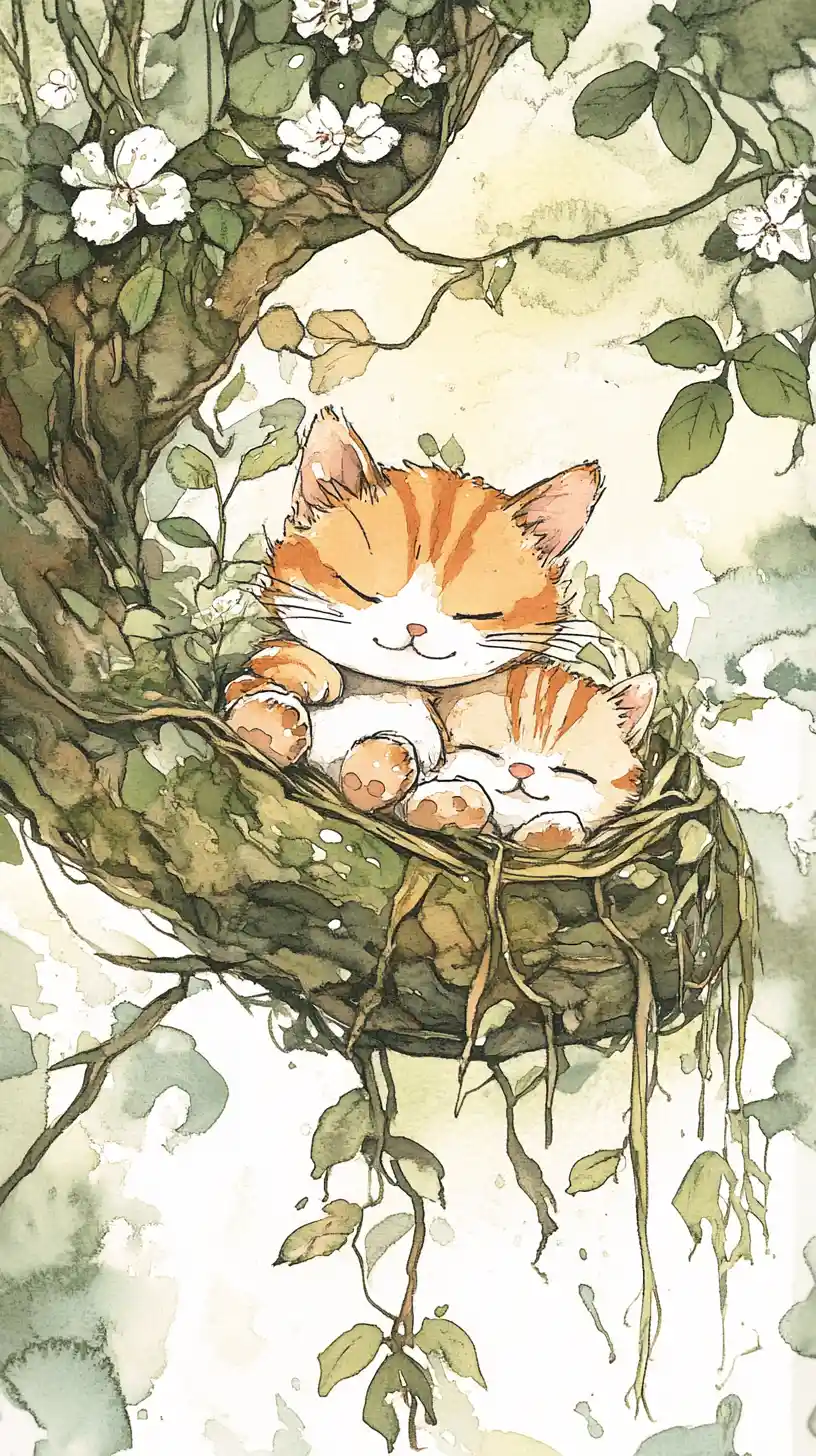 Close up of cartoon cat relaxing in a garden nest
