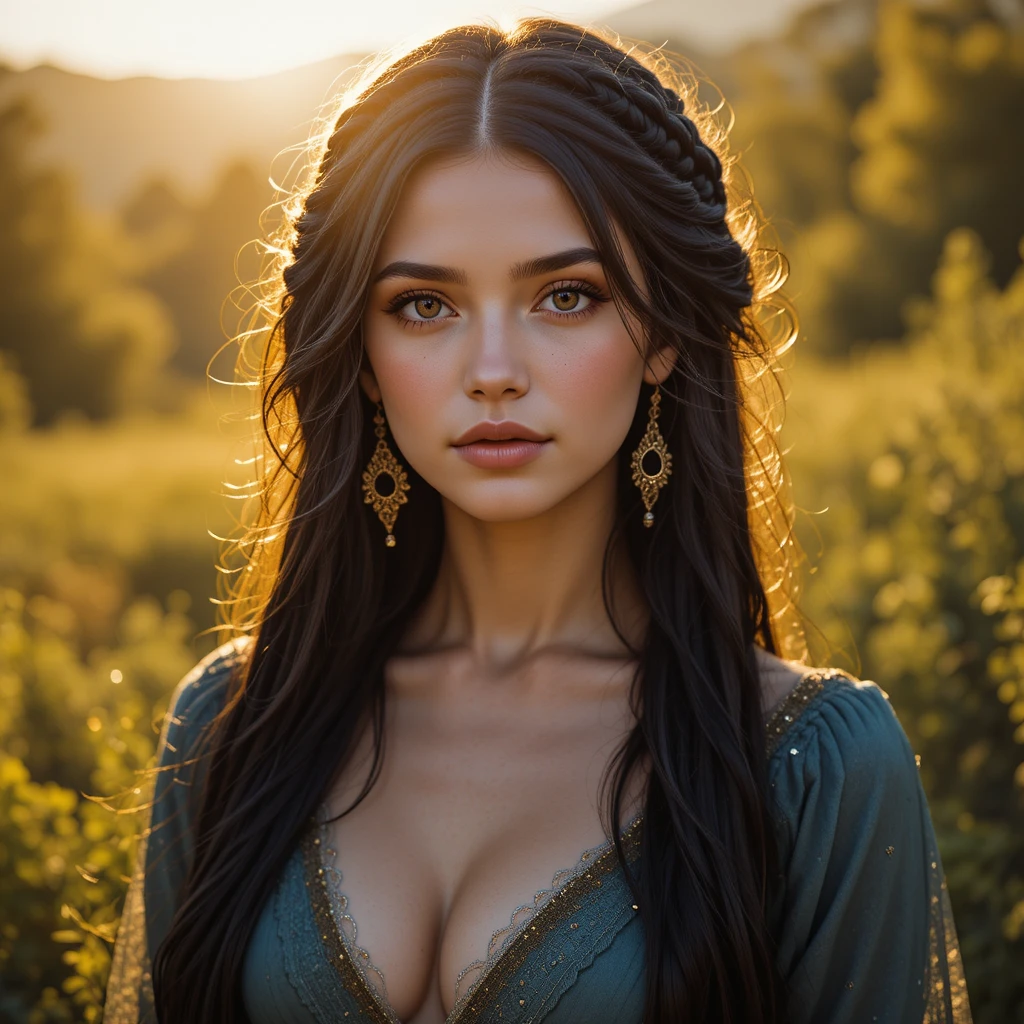 Mulher ucraniana com cabelo trançado no campo banhado de sol