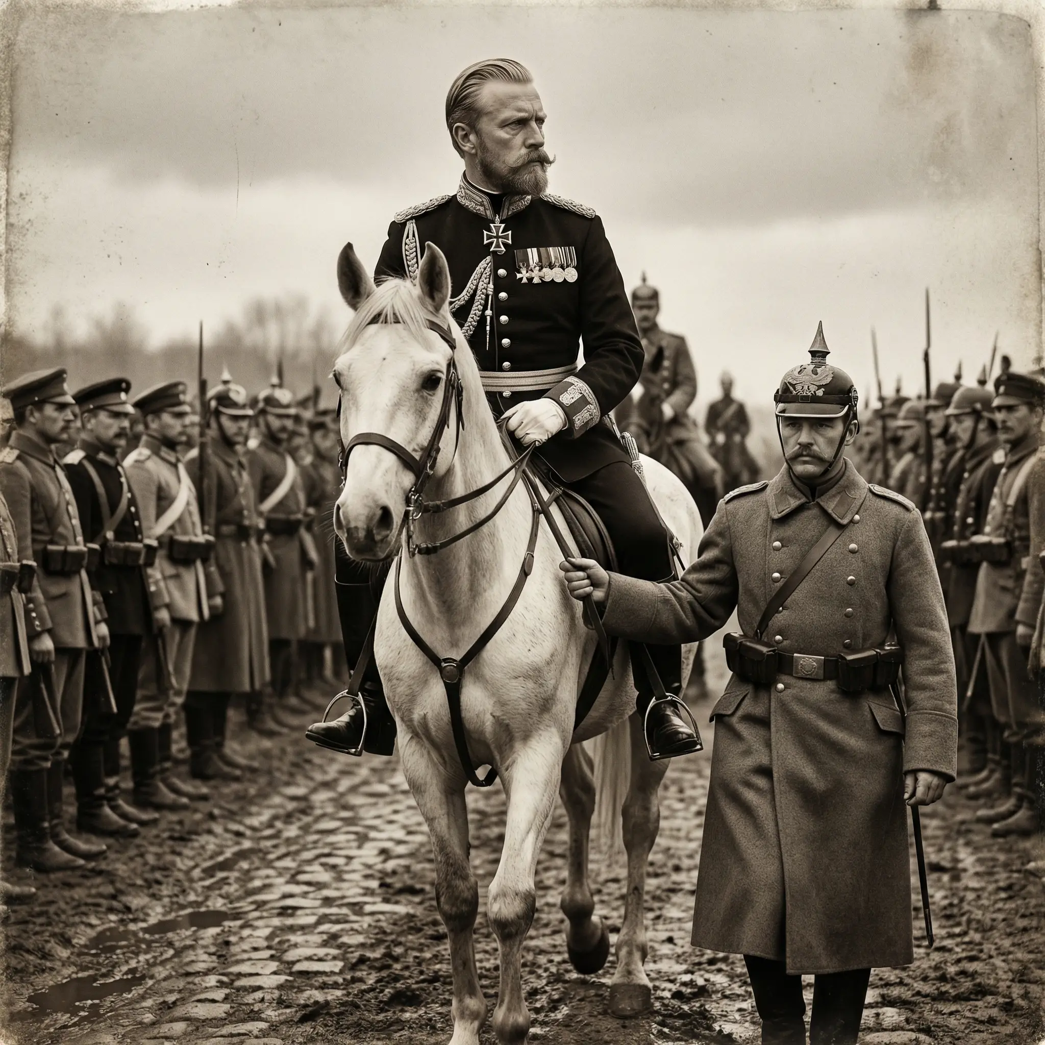 Deutscher Kavallerieoffizier zu Pferd in militärischer Formation