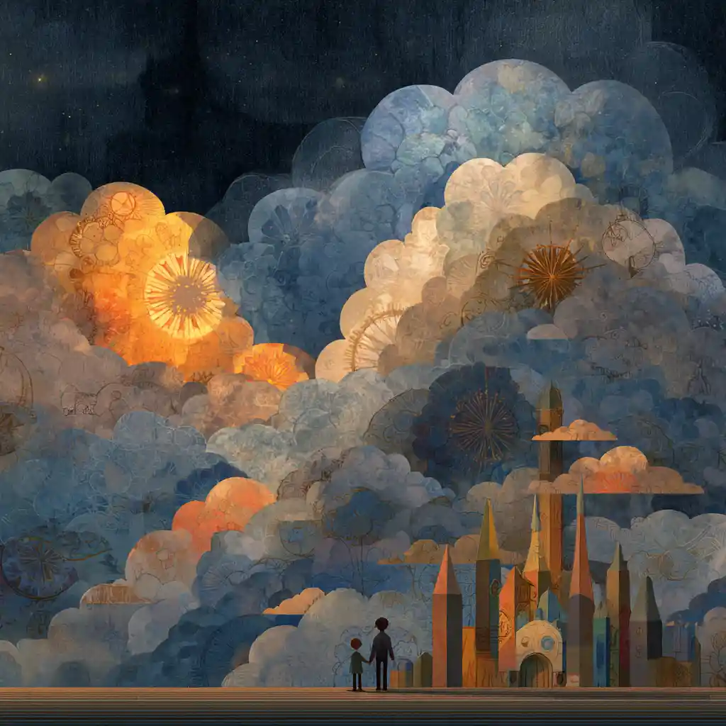 Garçons surréalistes errant dans une cathédrale de nuages