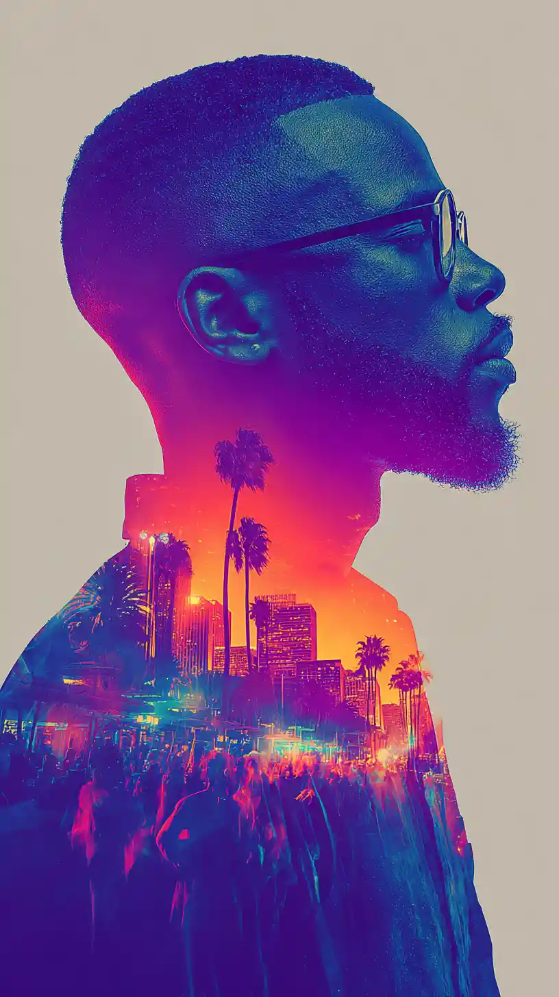 Double exposure portrait of man with nightclub scene