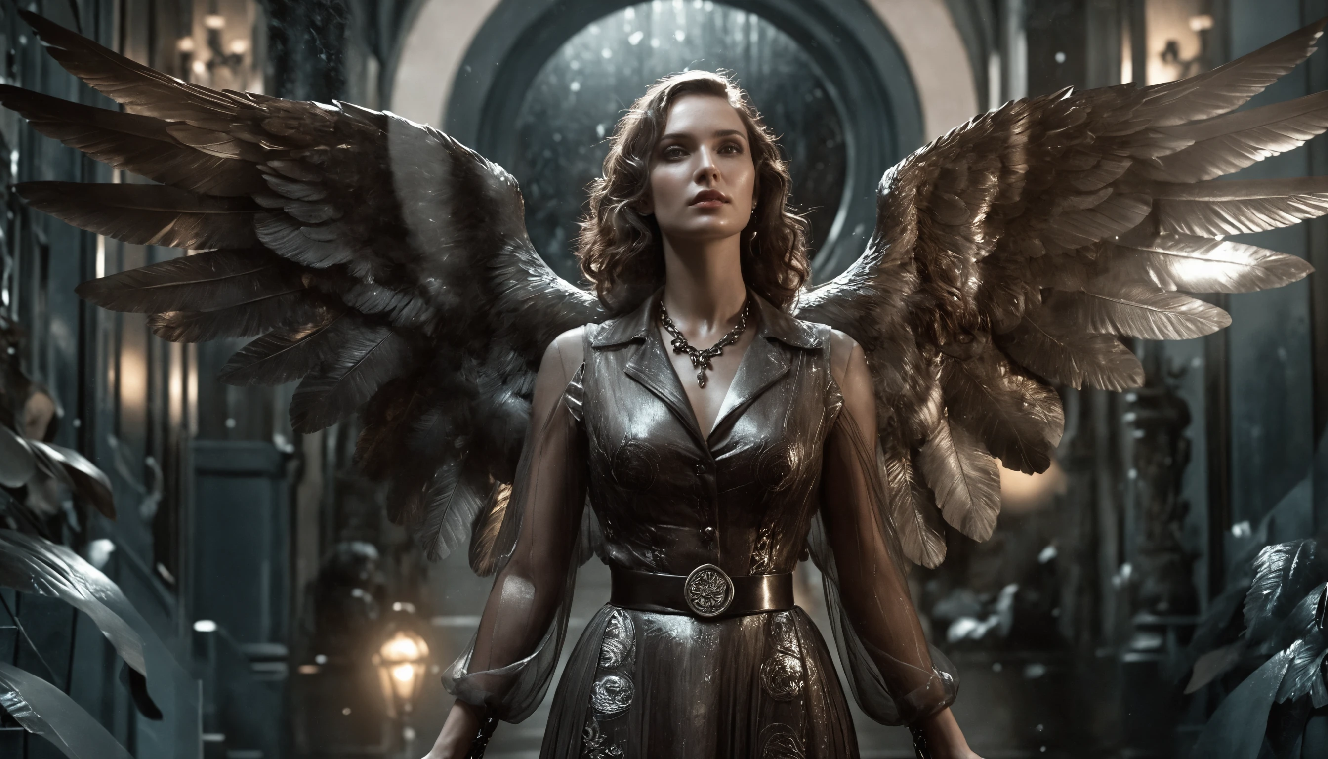 Dark haired femme fatale angel in gothic moonlight