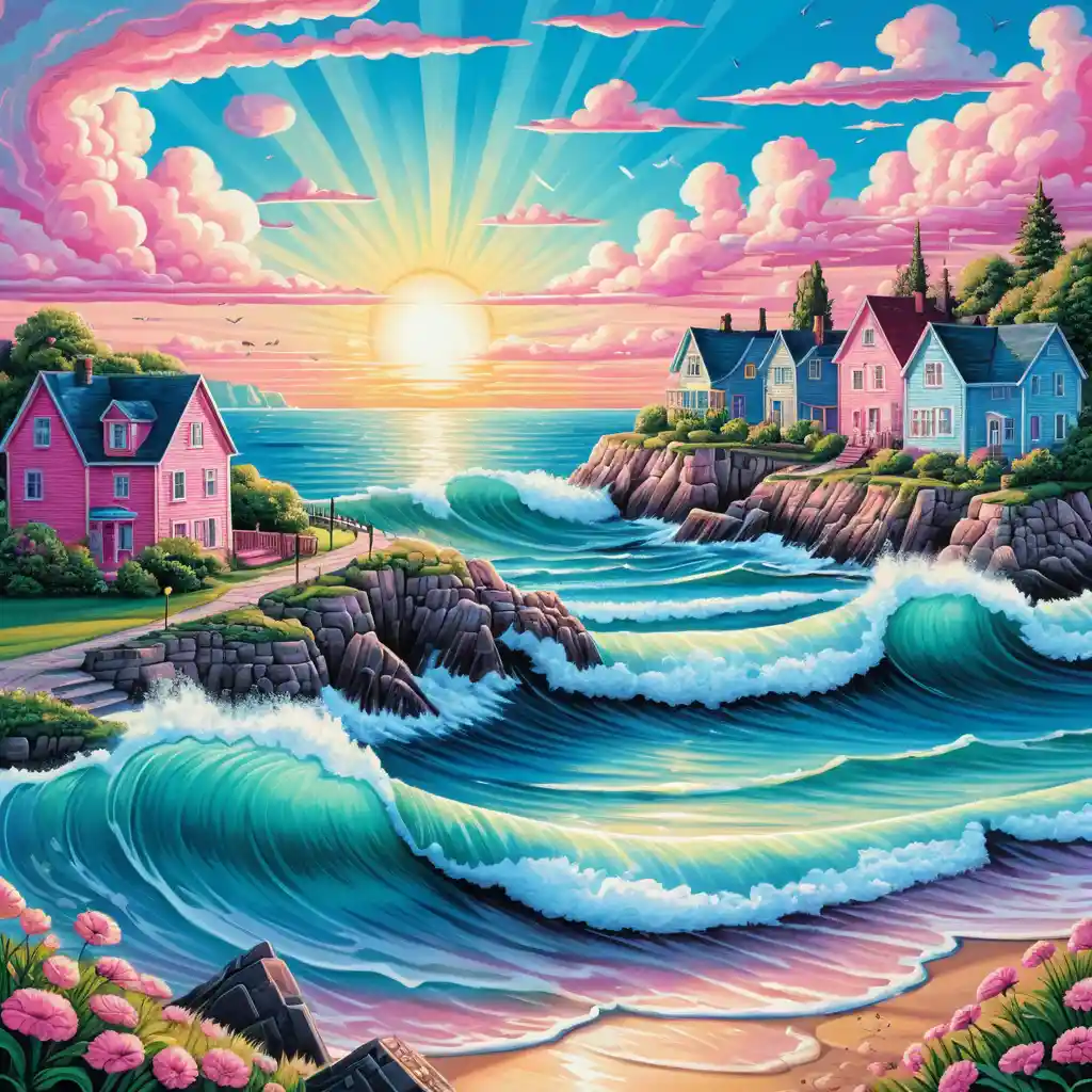 Cidade litorânea colorida ao nascer do sol em ilustração em desenho animado