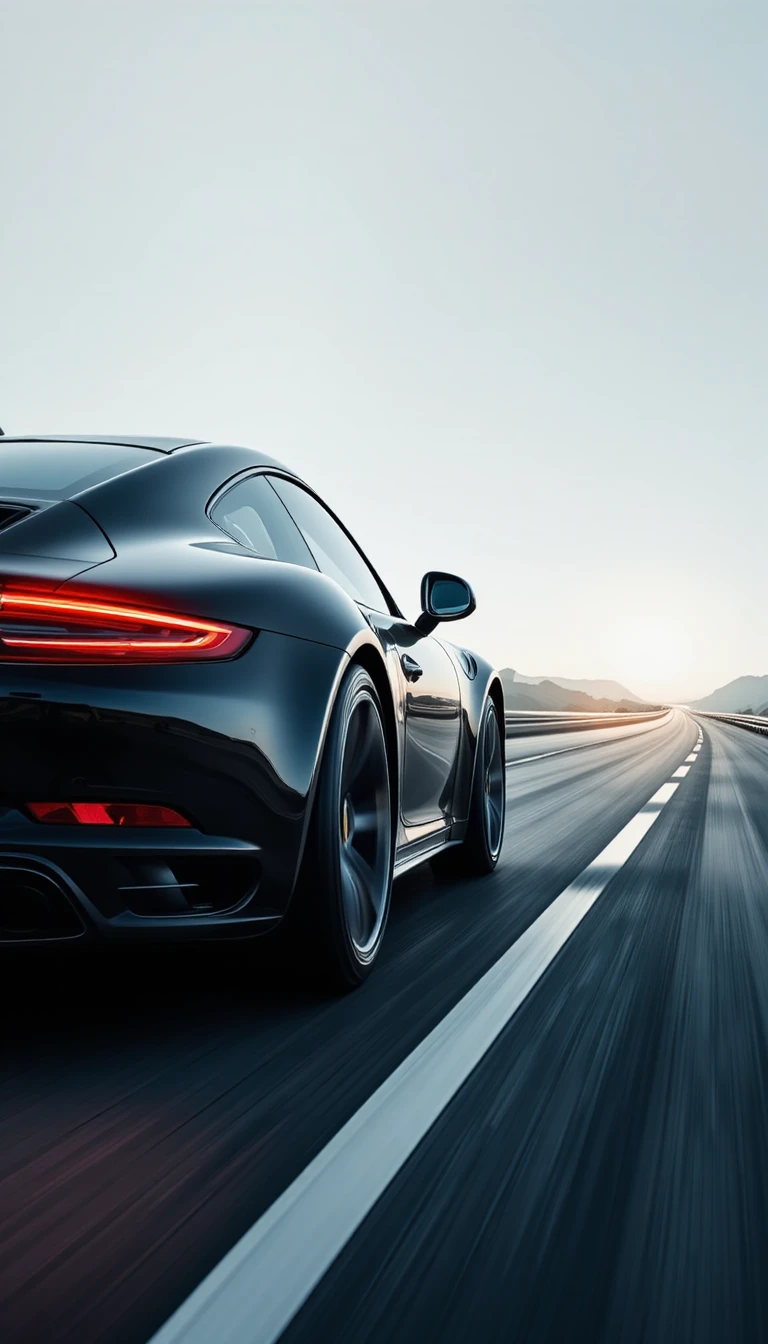 Primo piano cinematografico di un’auto sportiva nera che sfreccia in avanti