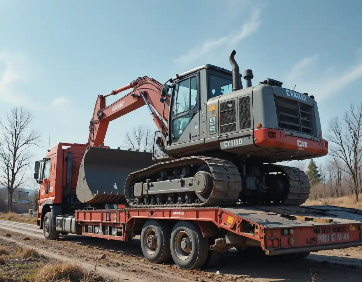 Escavatore rosso che trasporta un bulldozer grigio in cantiere